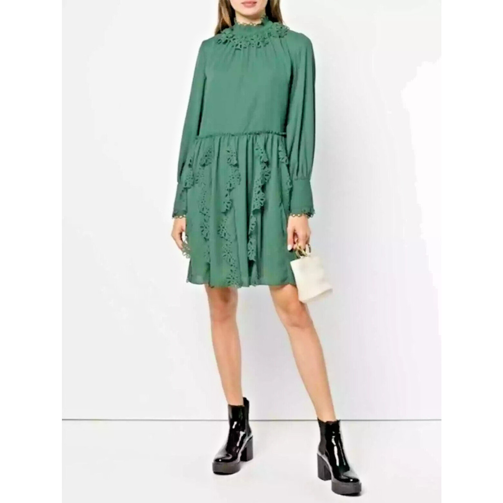 NWT See by Chloe Dress Laser Trim Cut Mini Mock Neck Deep Green Marble 36 38